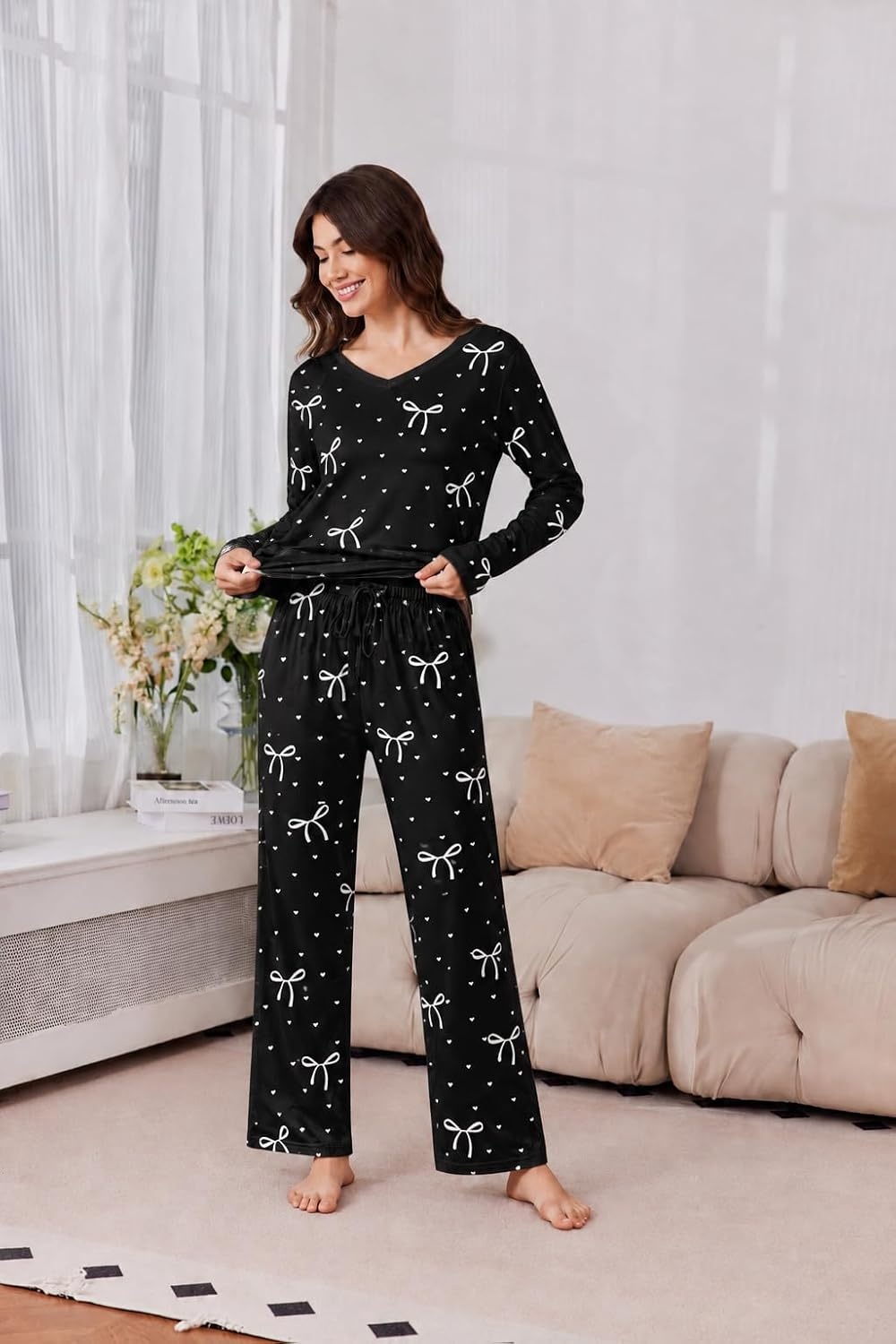 image:image2 Pack Womens Long Sleeve Pajama Sets V Neck Top and Pants Lounge setsPink White Wing Heart Stripes Black White Bow Hearts
