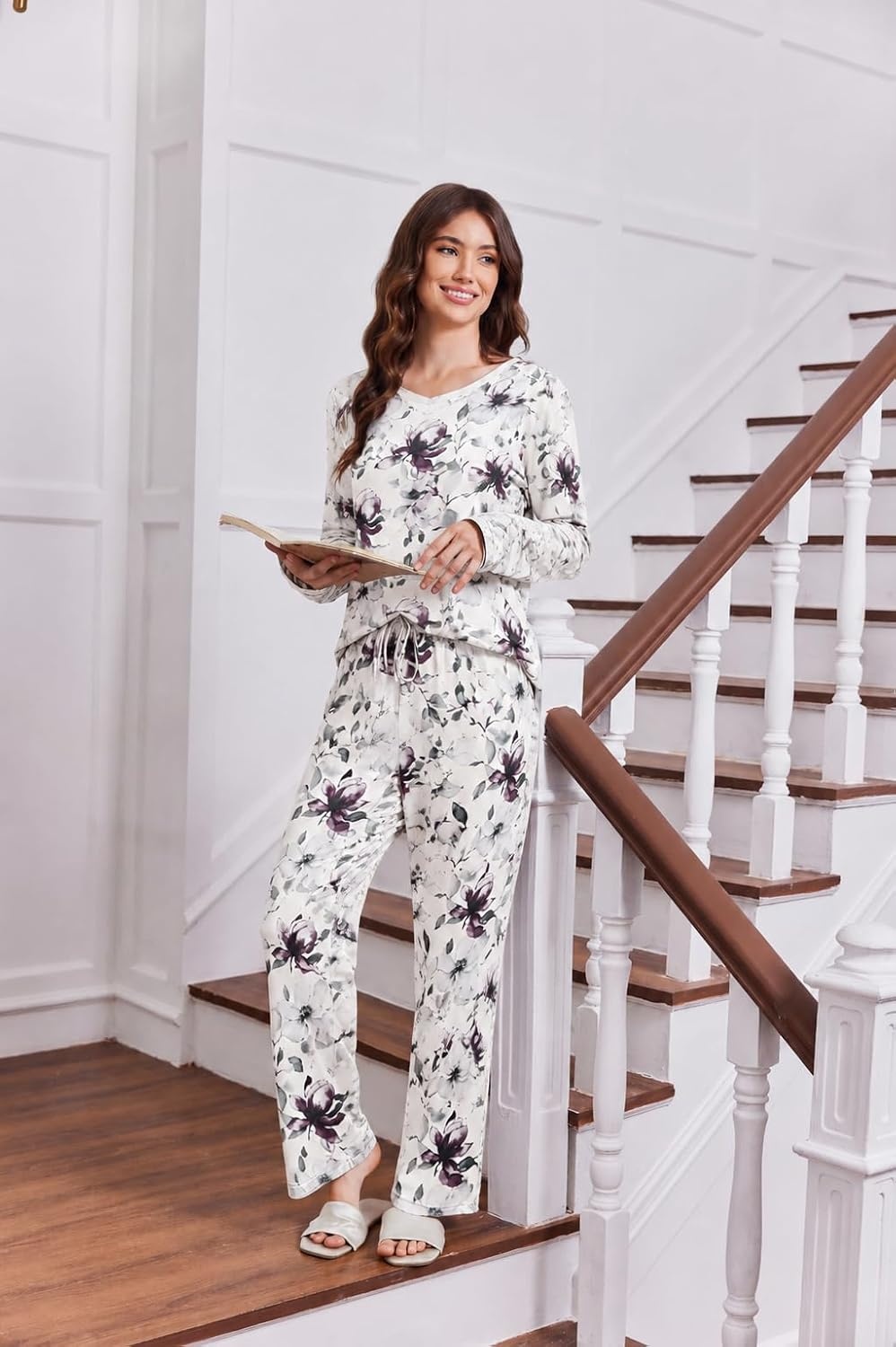 image:image2 Pack Womens Long Sleeve Pajama Sets V Neck Top and Pants Lounge setsPurple Floral Mint Gray Floral