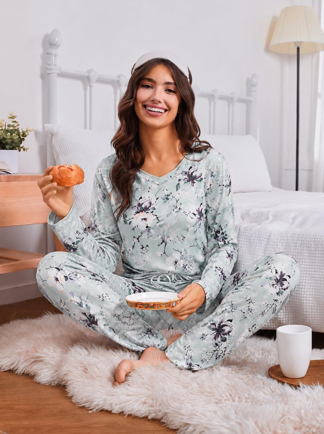 image:image2 Pack Womens Long Sleeve Pajama Sets V Neck Top and Pants Lounge setsPurple Floral Mint Gray Floral