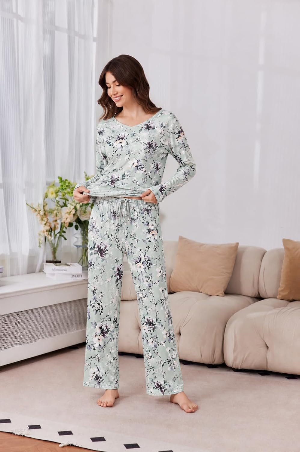 image:image2 Pack Womens Long Sleeve Pajama Sets V Neck Top and Pants Lounge setsPurple Floral Mint Gray Floral
