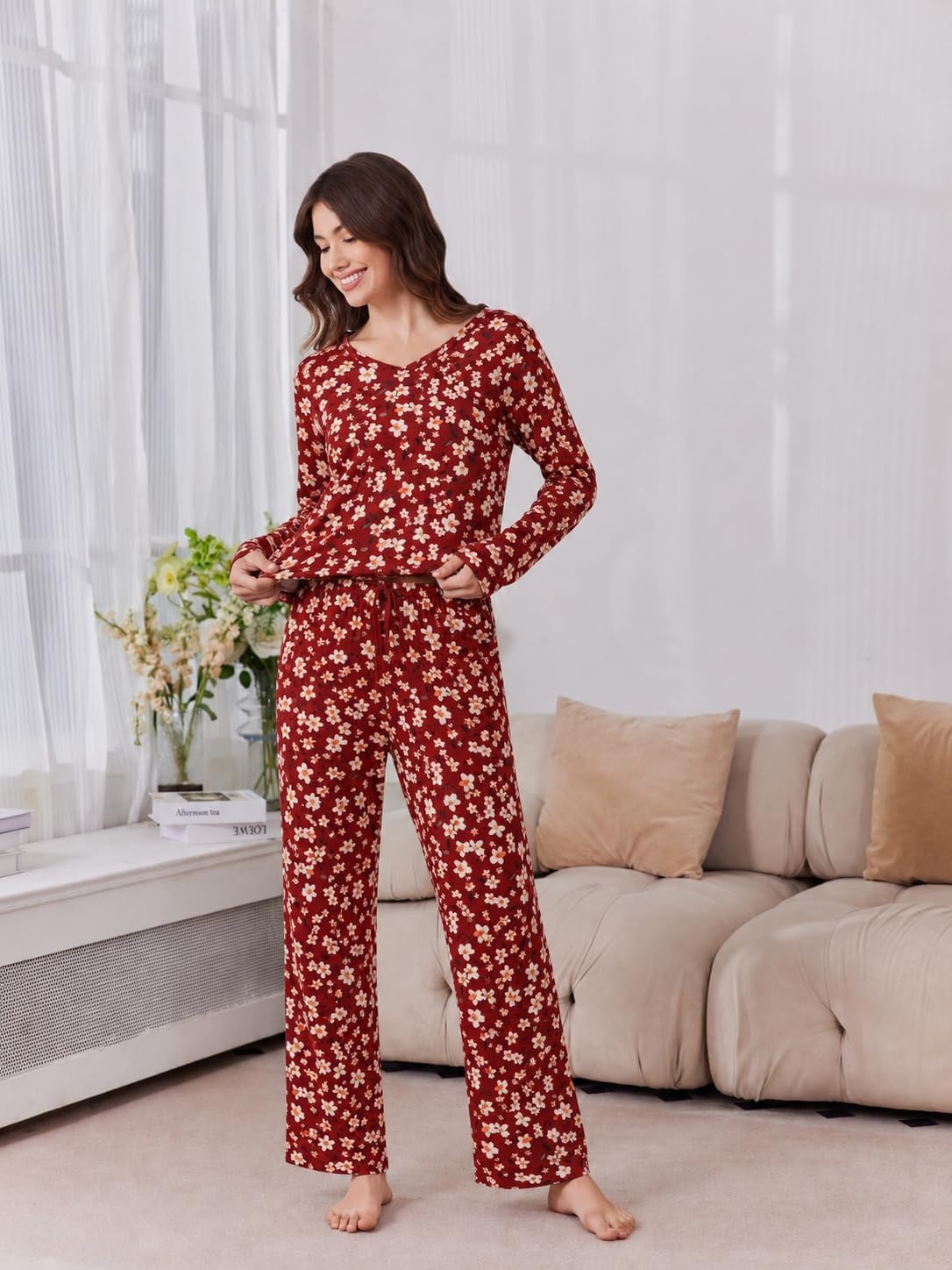 image:image2 Pack Womens Long Sleeve Pajama Sets V Neck Top and Pants Lounge setsPurple Paisley Burgundy Floral