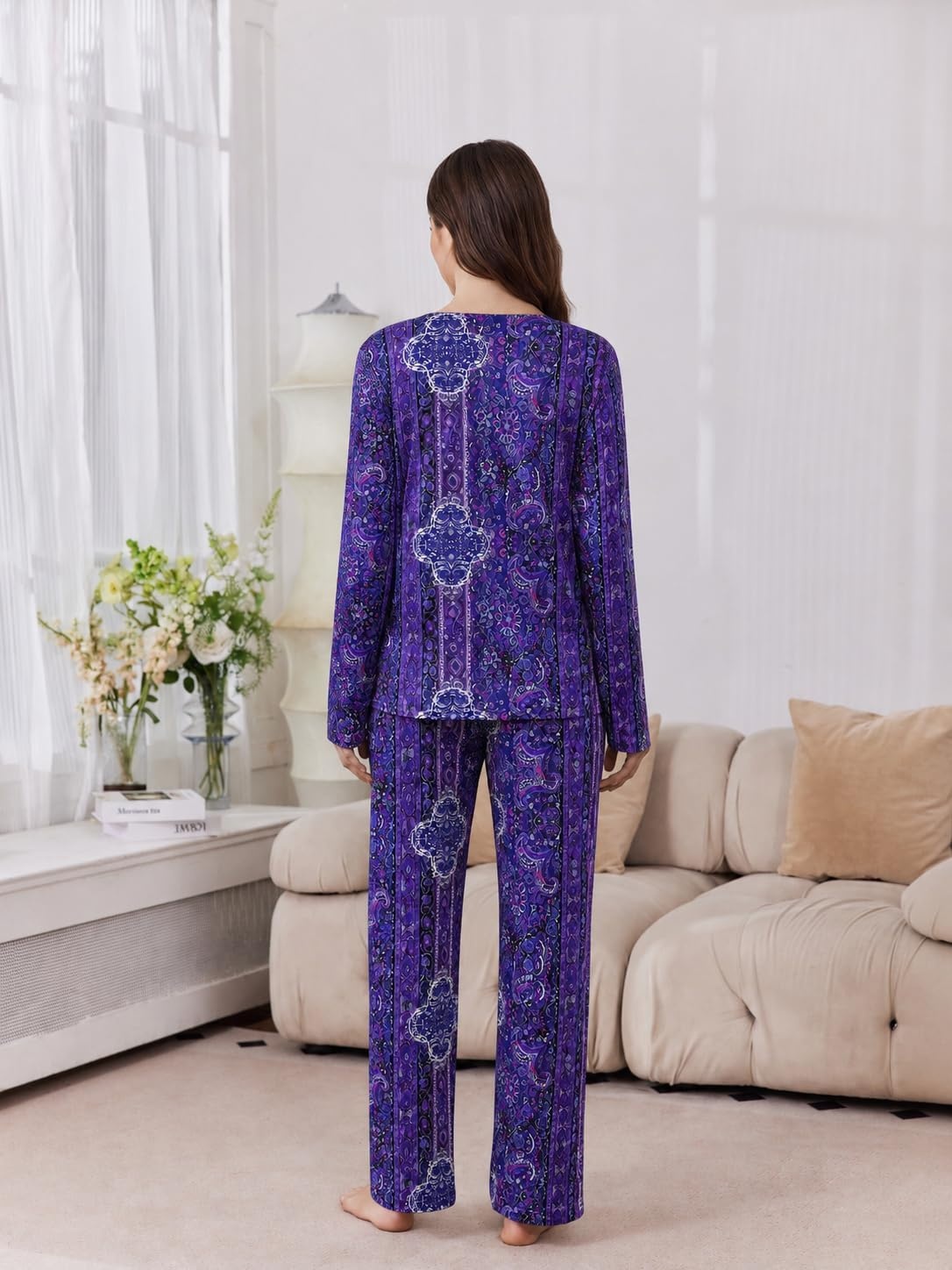 image:image2 Pack Womens Long Sleeve Pajama Sets V Neck Top and Pants Lounge setsPurple Paisley Burgundy Floral