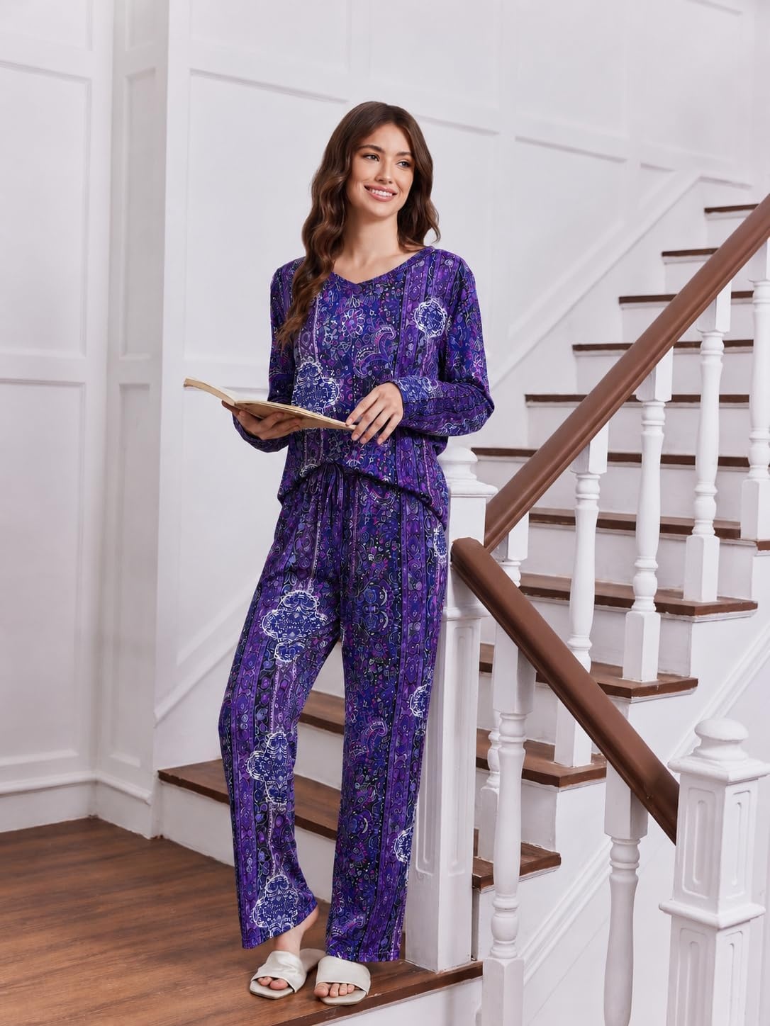 image:image2 Pack Womens Long Sleeve Pajama Sets V Neck Top and Pants Lounge setsPurple Paisley Burgundy Floral