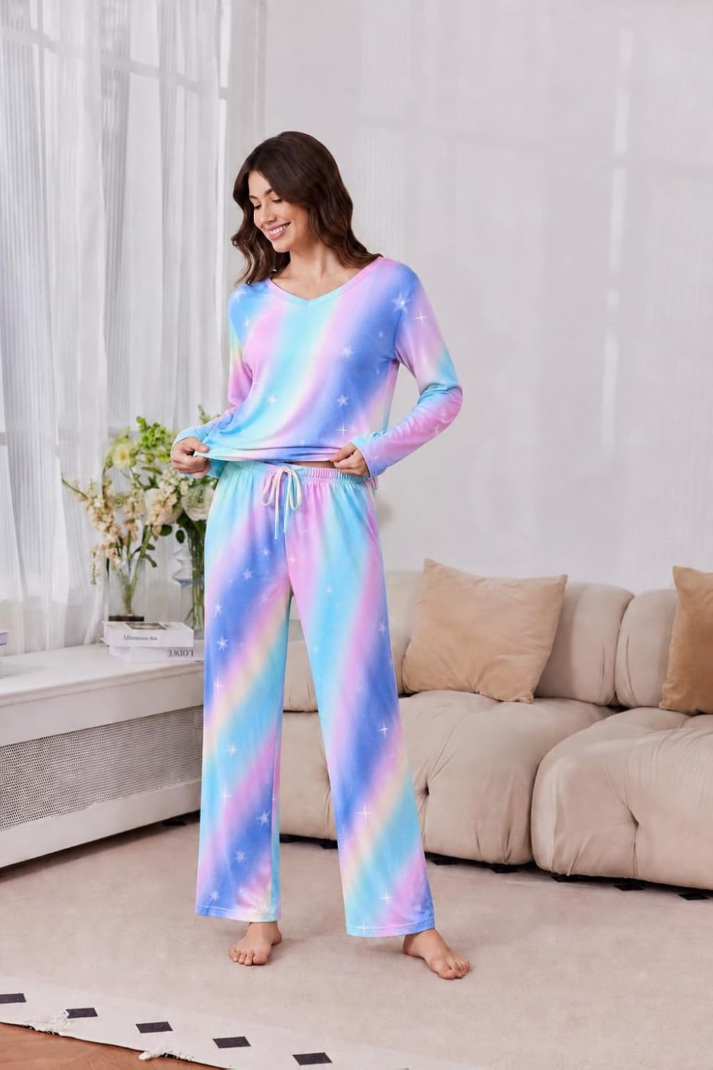 image:image2 Pack Womens Long Sleeve Pajama Sets V Neck Top and Pants Lounge setsPurple Pink Plaid Colorful Gradient Stars
