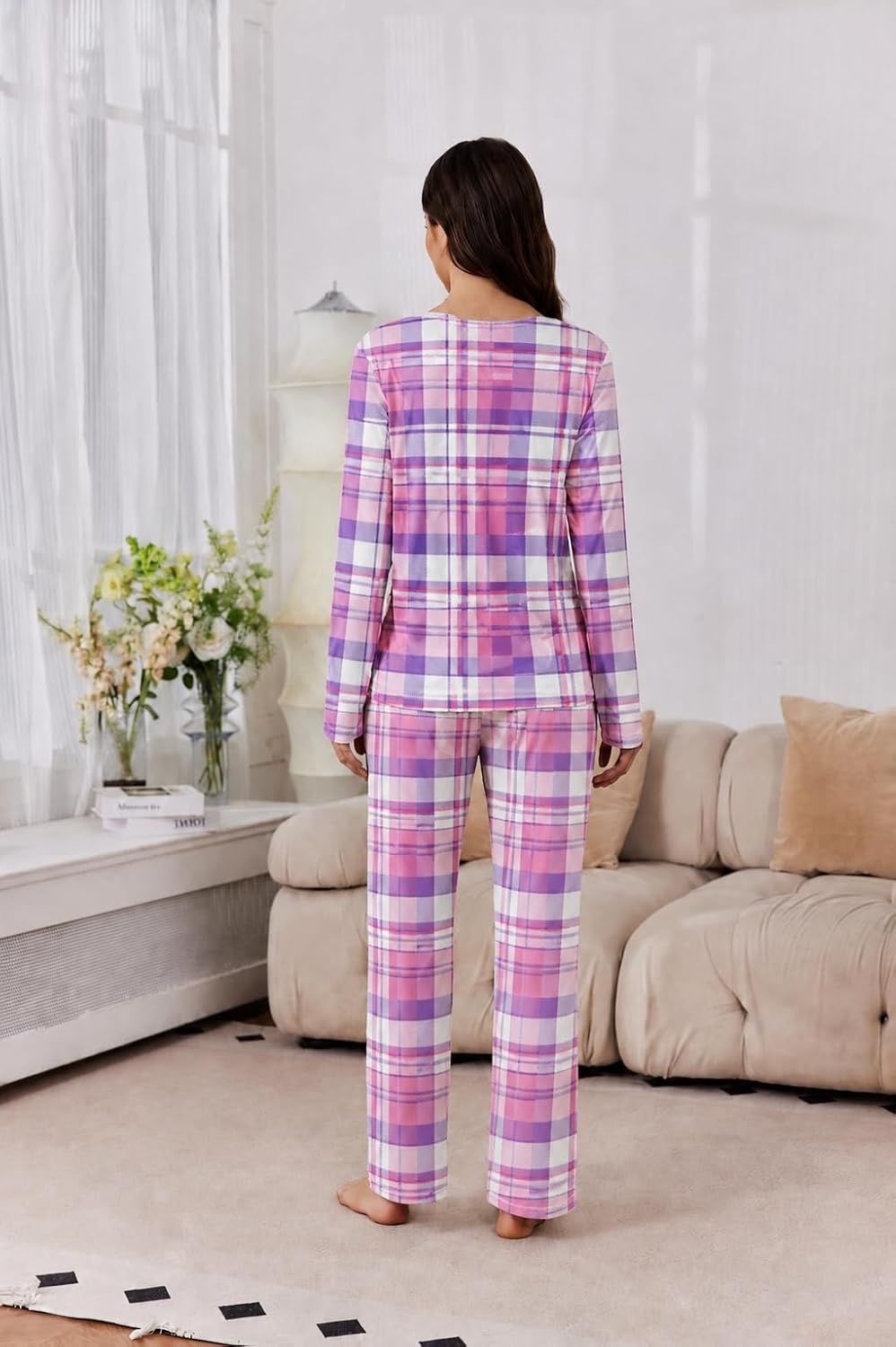 image:image2 Pack Womens Long Sleeve Pajama Sets V Neck Top and Pants Lounge setsPurple Pink Plaid Colorful Gradient Stars
