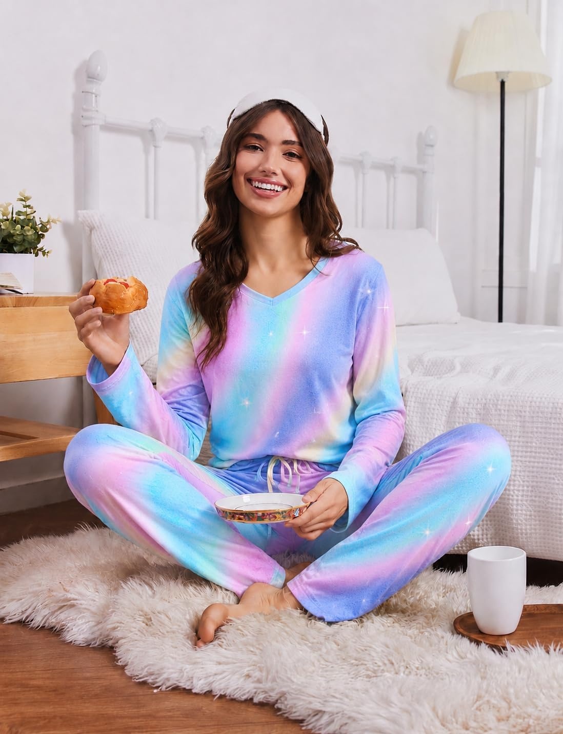 image:image2 Pack Womens Long Sleeve Pajama Sets V Neck Top and Pants Lounge setsPurple Pink Plaid Colorful Gradient Stars