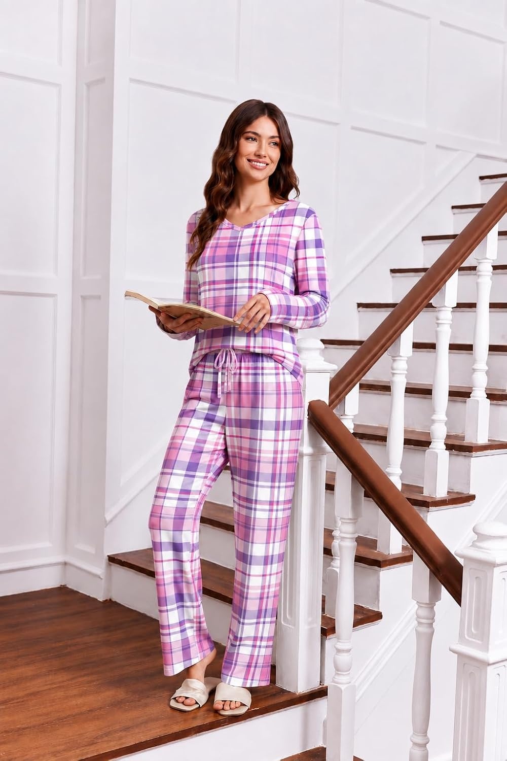 image:image2 Pack Womens Long Sleeve Pajama Sets V Neck Top and Pants Lounge setsPurple Pink Plaid Colorful Gradient Stars