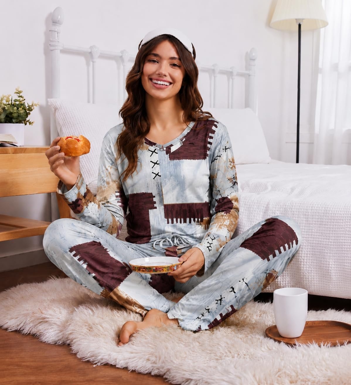 image:image2 Pack Womens Long Sleeve Pajama Sets V Neck Top and Pants Lounge setsTaupe Paisley Blue Brown Patchwork