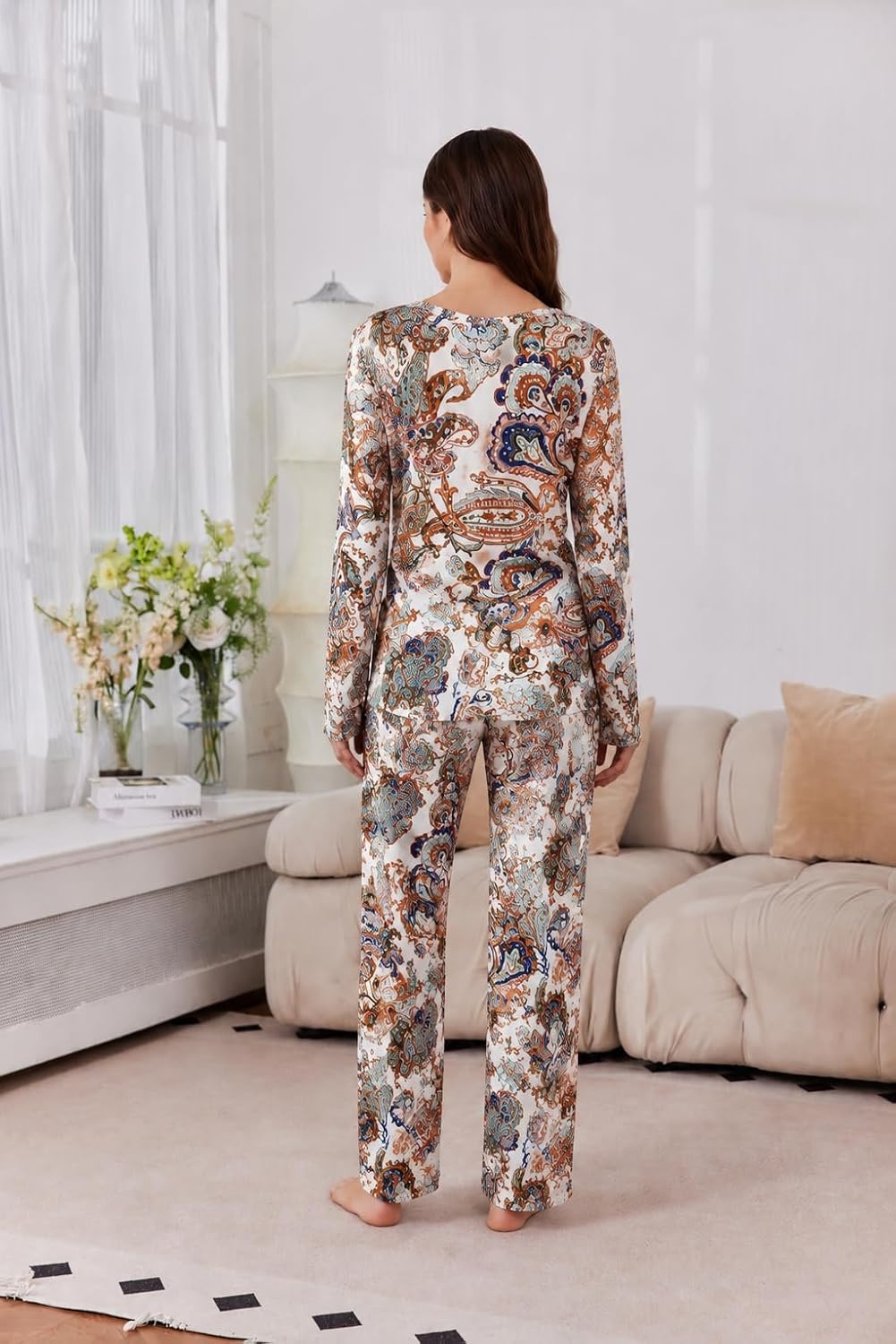 image:image2 Pack Womens Long Sleeve Pajama Sets V Neck Top and Pants Lounge setsTaupe Paisley Blue Brown Patchwork