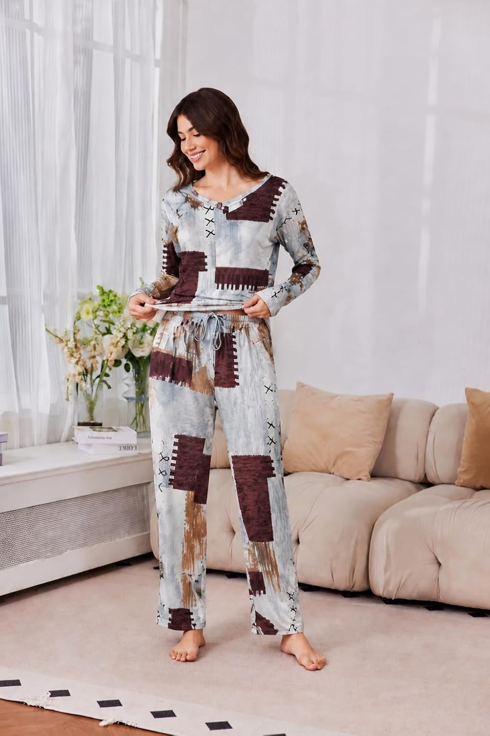 image:image2 Pack Womens Long Sleeve Pajama Sets V Neck Top and Pants Lounge setsTaupe Paisley Blue Brown Patchwork