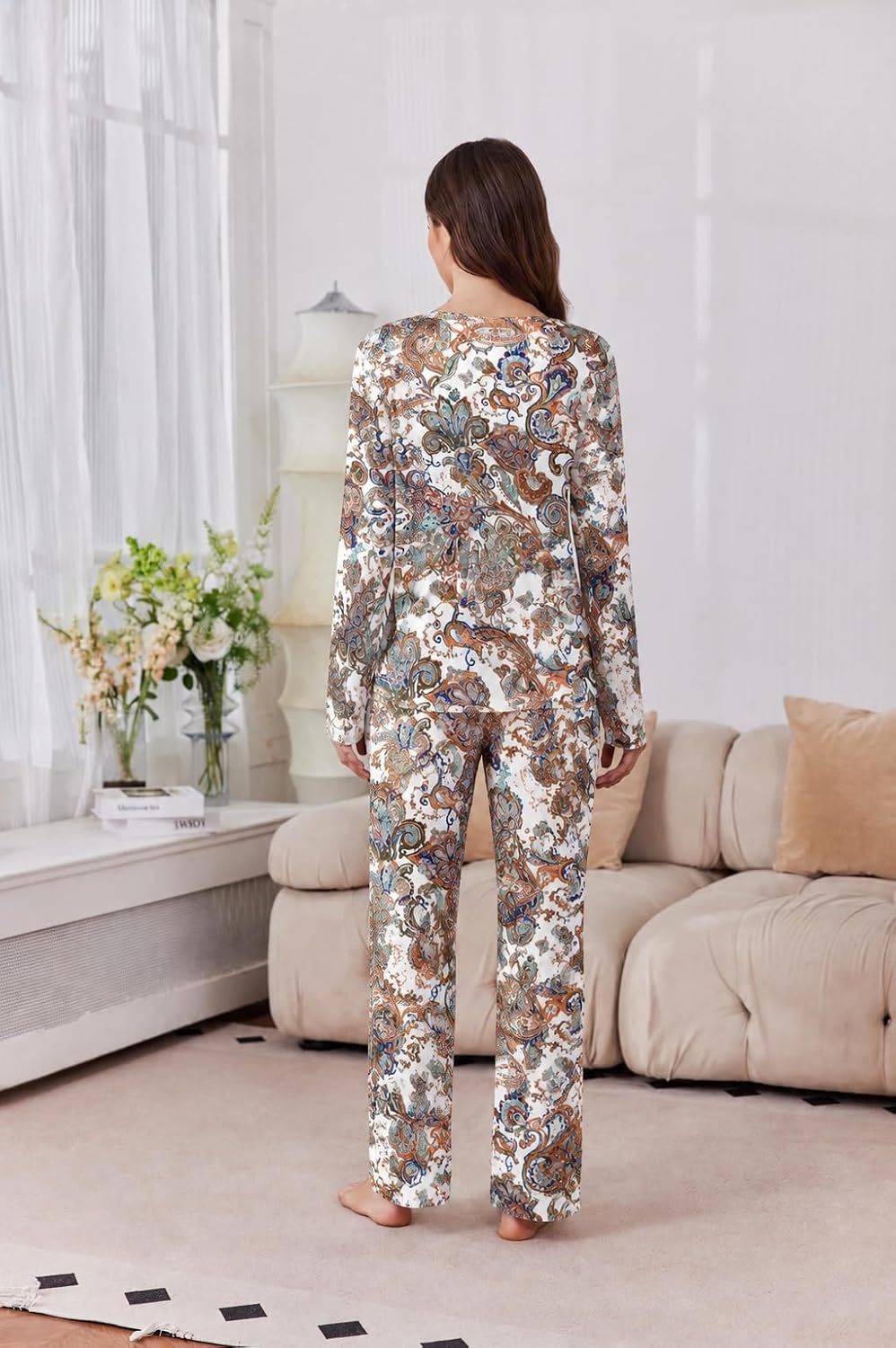 image:image2 Pack Womens Long Sleeve Pajama Sets V Neck Top and Pants Lounge setsTaupe Paisley Dark Paisley