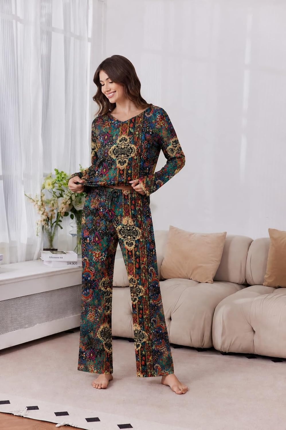 image:image2 Pack Womens Long Sleeve Pajama Sets V Neck Top and Pants Lounge setsTaupe Paisley Dark Paisley
