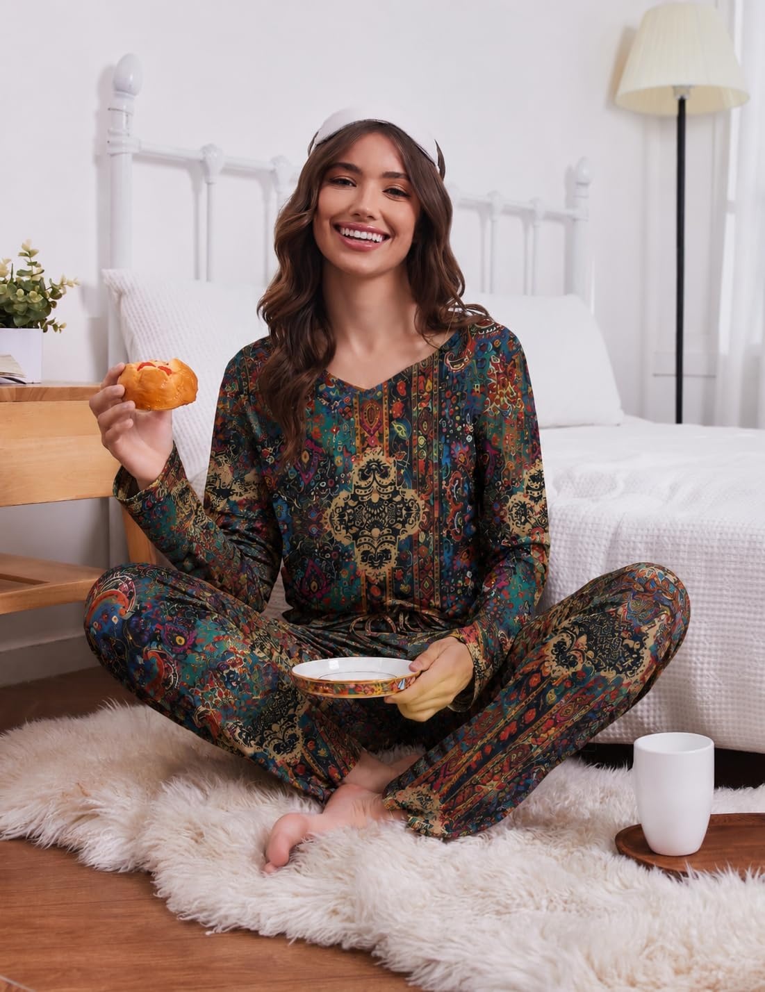 image:image2 Pack Womens Long Sleeve Pajama Sets V Neck Top and Pants Lounge setsTaupe Paisley Dark Paisley