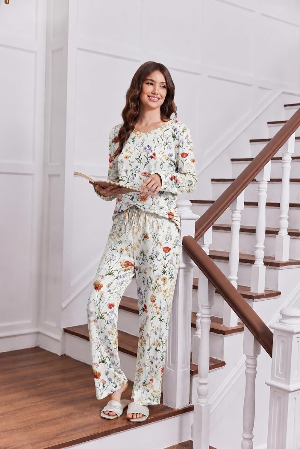 image:image2 Pack Womens Long Sleeve Pajama Sets V Neck Top and Pants Lounge setsYellow Orange Floral Gray Floral