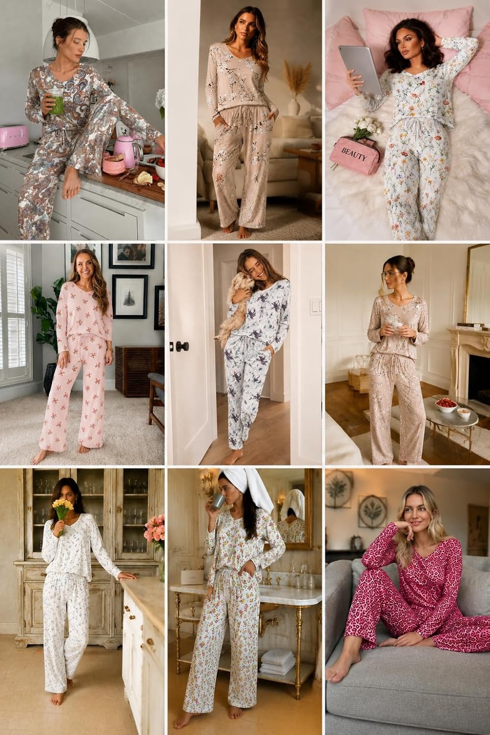 image:image2 Pack Womens Long Sleeve Pajama Sets V Neck Top and Pants Lounge setsYellow Orange Floral Gray Floral