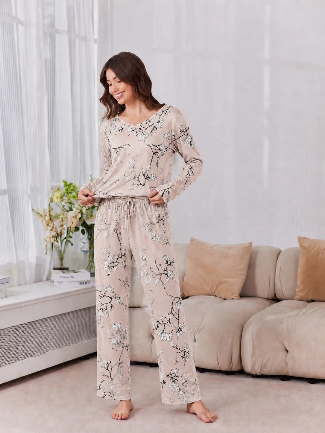 image:image2 Pack Womens Long Sleeve Pajama Sets V Neck Top and Pants Lounge setsYellow Orange Floral Gray Floral
