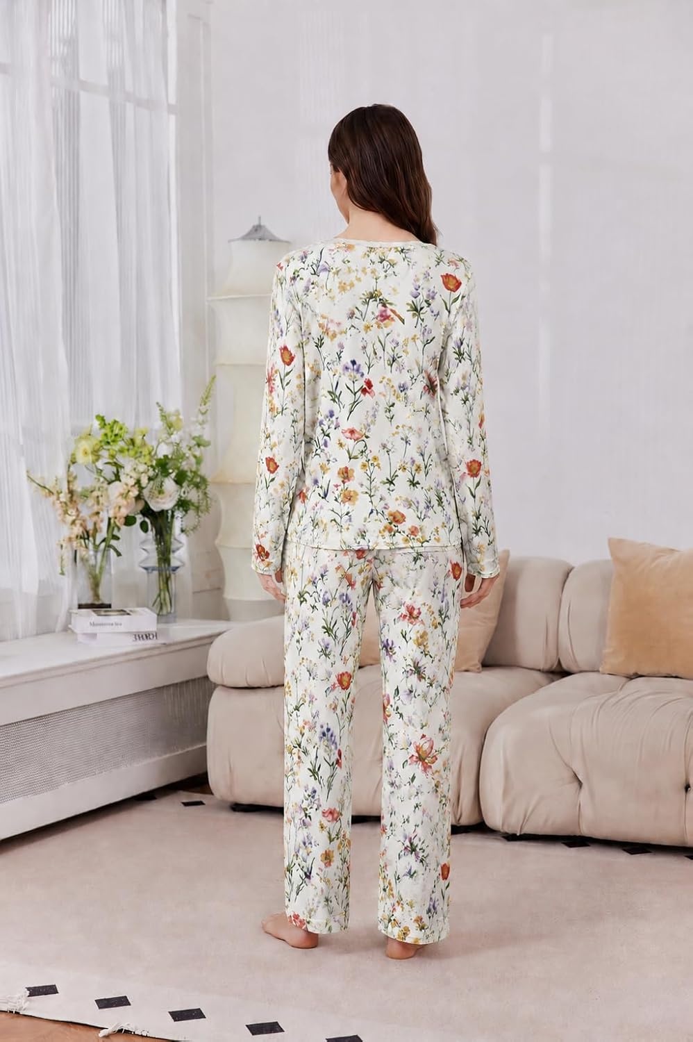 image:image2 Pack Womens Long Sleeve Pajama Sets V Neck Top and Pants Lounge setsYellow Orange Floral Gray Floral