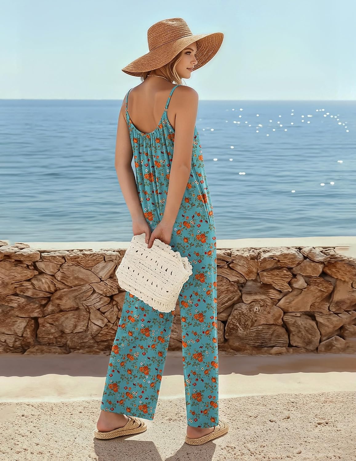 image:imageBoho Jumpsuit for Women Wide Leg Loose Romper Sleeveless Summer OverallFloral Blue Green