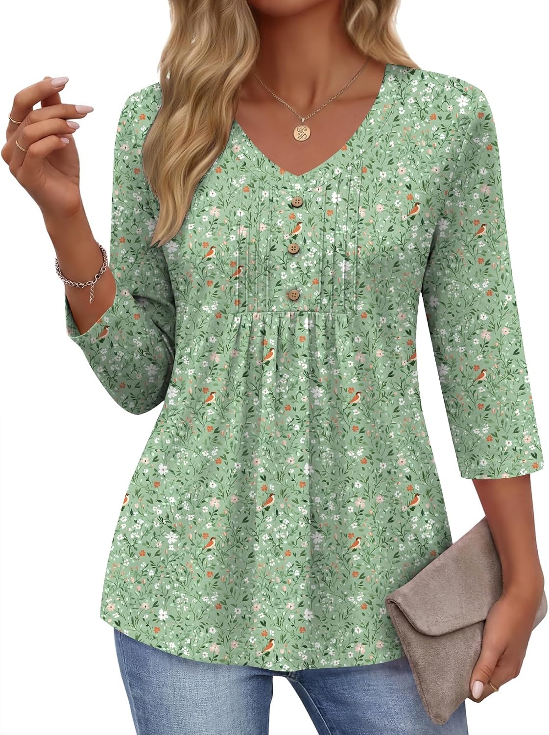 image:imageEkouaer 34 Length Sleeve Womens Tops V Neck Blouses Casual Pleated ShirtsGreen Floral
