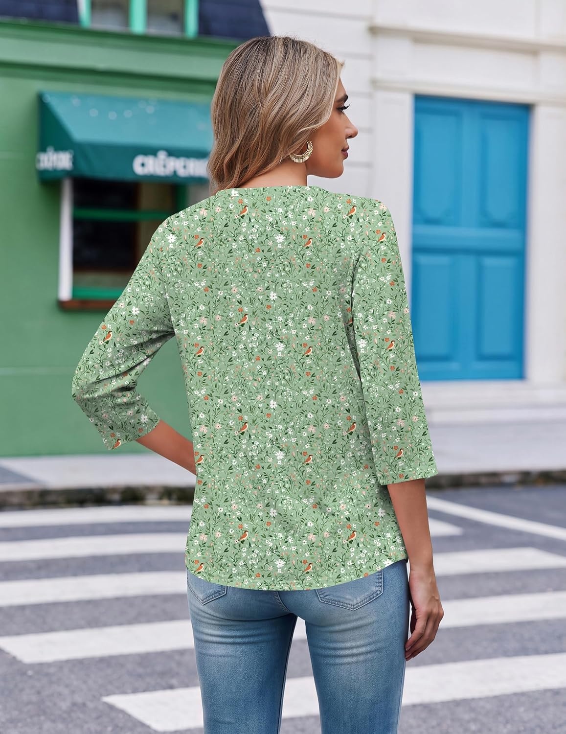image:imageEkouaer 34 Length Sleeve Womens Tops V Neck Blouses Casual Pleated ShirtsGreen Floral