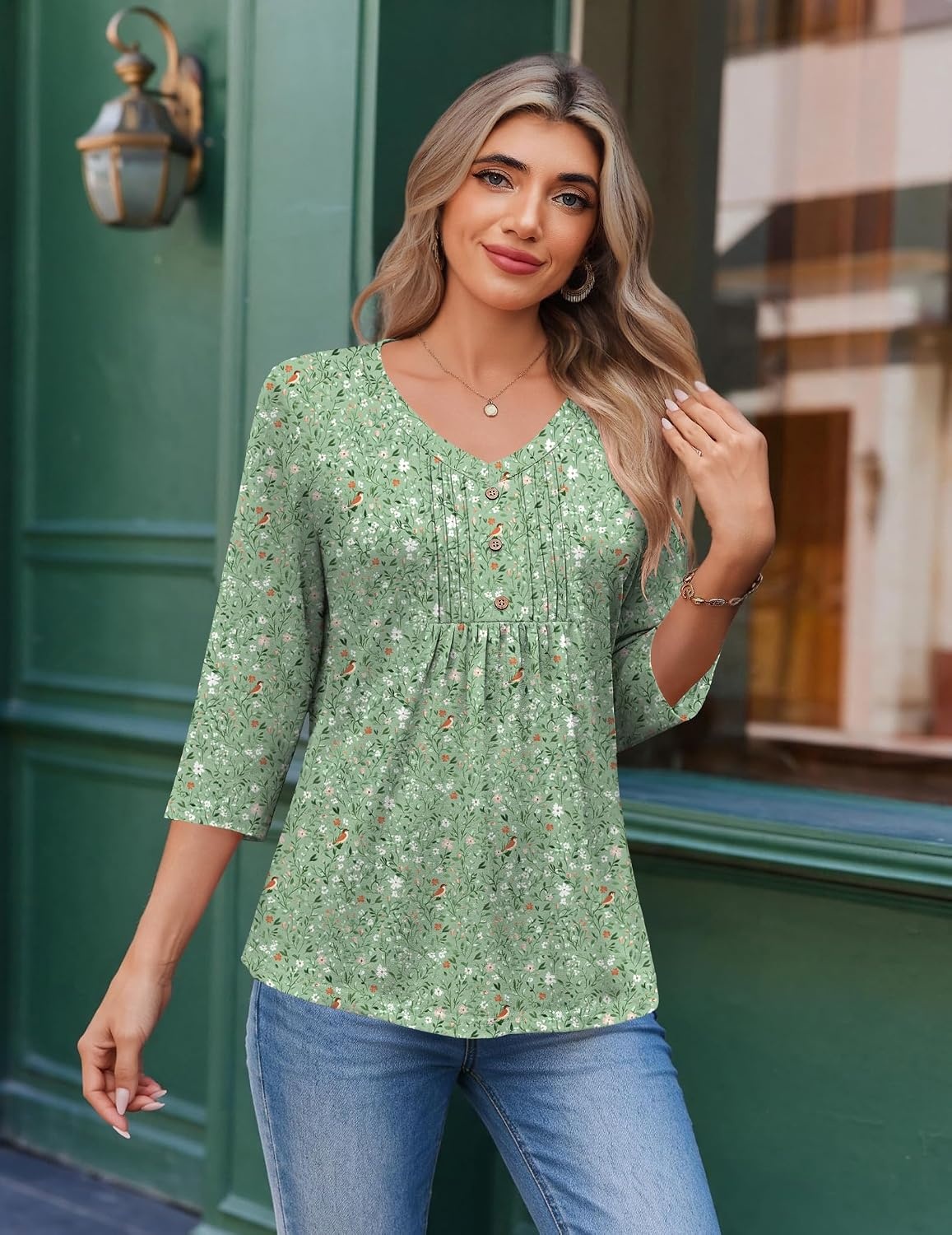 image:imageEkouaer 34 Length Sleeve Womens Tops V Neck Blouses Casual Pleated ShirtsGreen Floral