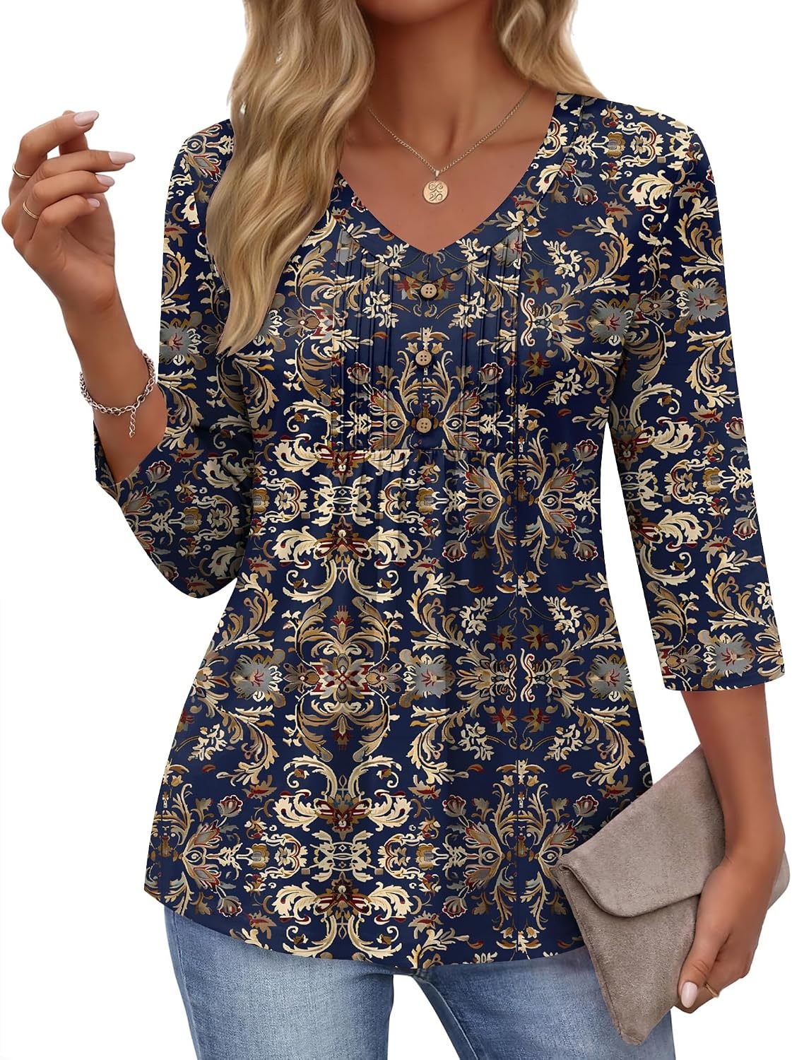 image:imageEkouaer 34 Length Sleeve Womens Tops V Neck Blouses Casual Pleated ShirtsNavy Boho