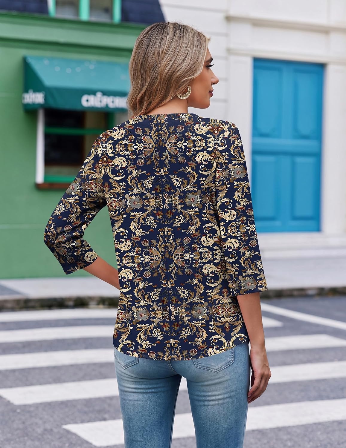 image:imageEkouaer 34 Length Sleeve Womens Tops V Neck Blouses Casual Pleated ShirtsNavy Boho