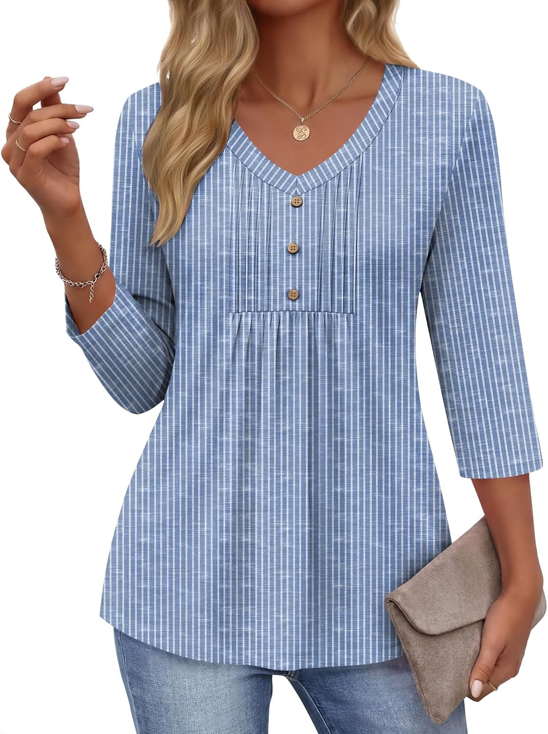 image:imageEkouaer 34 Length Sleeve Womens Tops V Neck Blouses Casual Pleated ShirtsStriped Blue