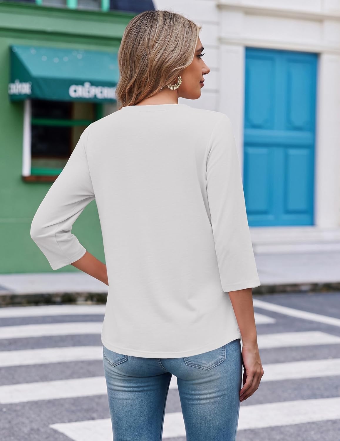 image:imageEkouaer 34 Length Sleeve Womens Tops V Neck Blouses Casual Pleated ShirtsWhite