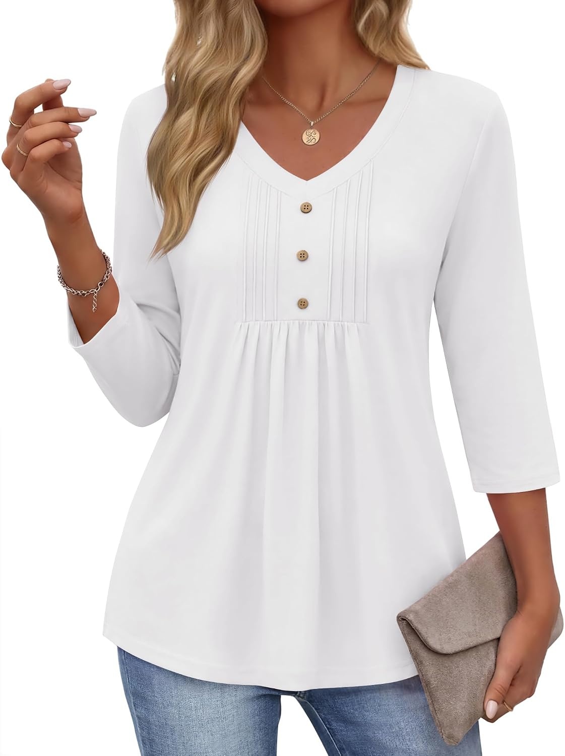 image:imageEkouaer 34 Length Sleeve Womens Tops V Neck Blouses Casual Pleated ShirtsWhite