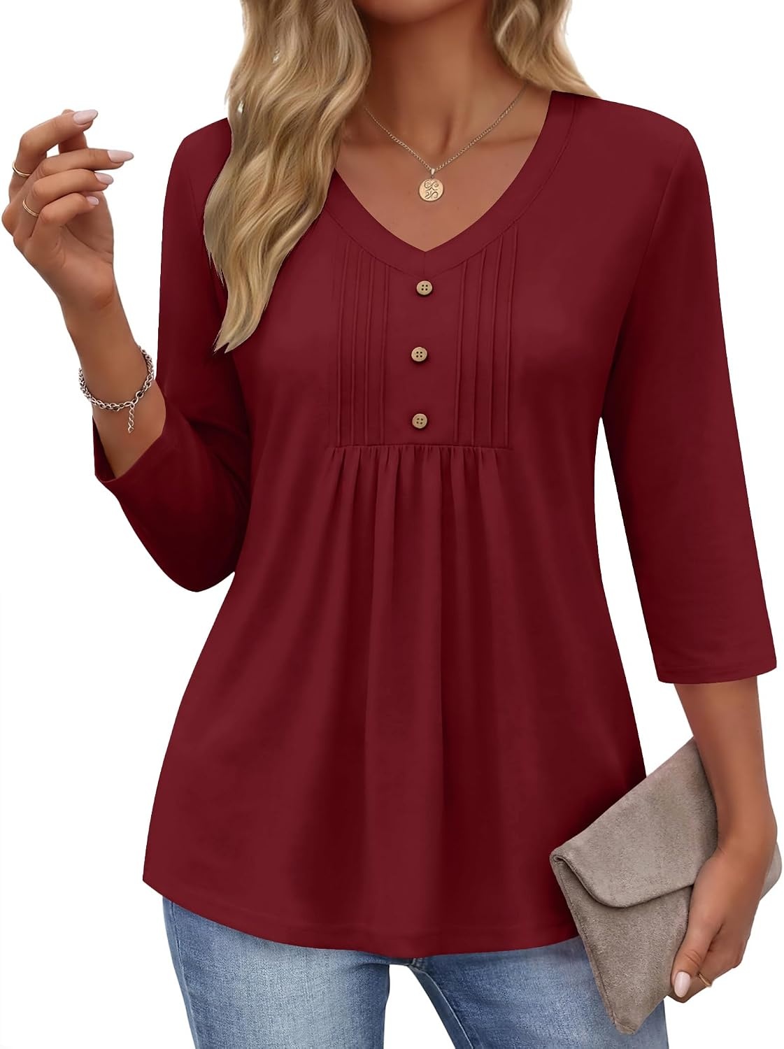 image:imageEkouaer 34 Length Sleeve Womens Tops V Neck Blouses Casual Pleated ShirtsWine Red
