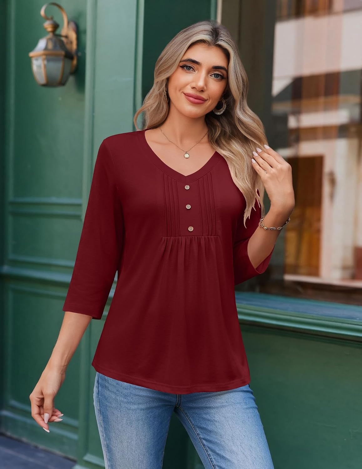 image:imageEkouaer 34 Length Sleeve Womens Tops V Neck Blouses Casual Pleated ShirtsWine Red