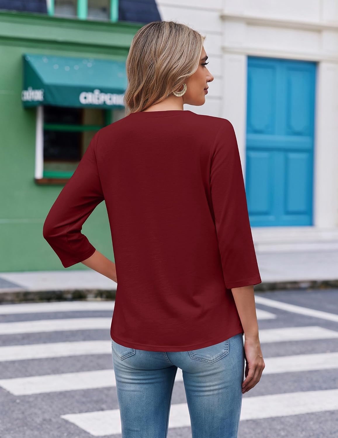 image:imageEkouaer 34 Length Sleeve Womens Tops V Neck Blouses Casual Pleated ShirtsWine Red
