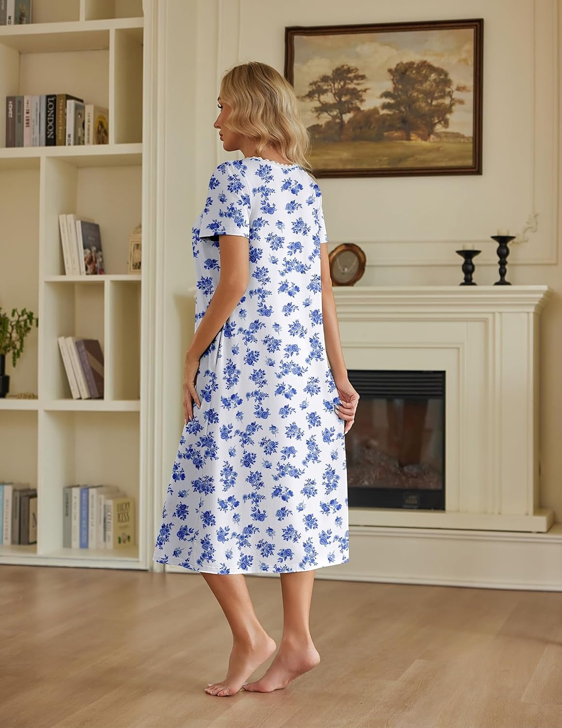 image:imageEkouaer Cotton Long Nightgowns for Women Vintage House Dress with PocketsBlue Floral