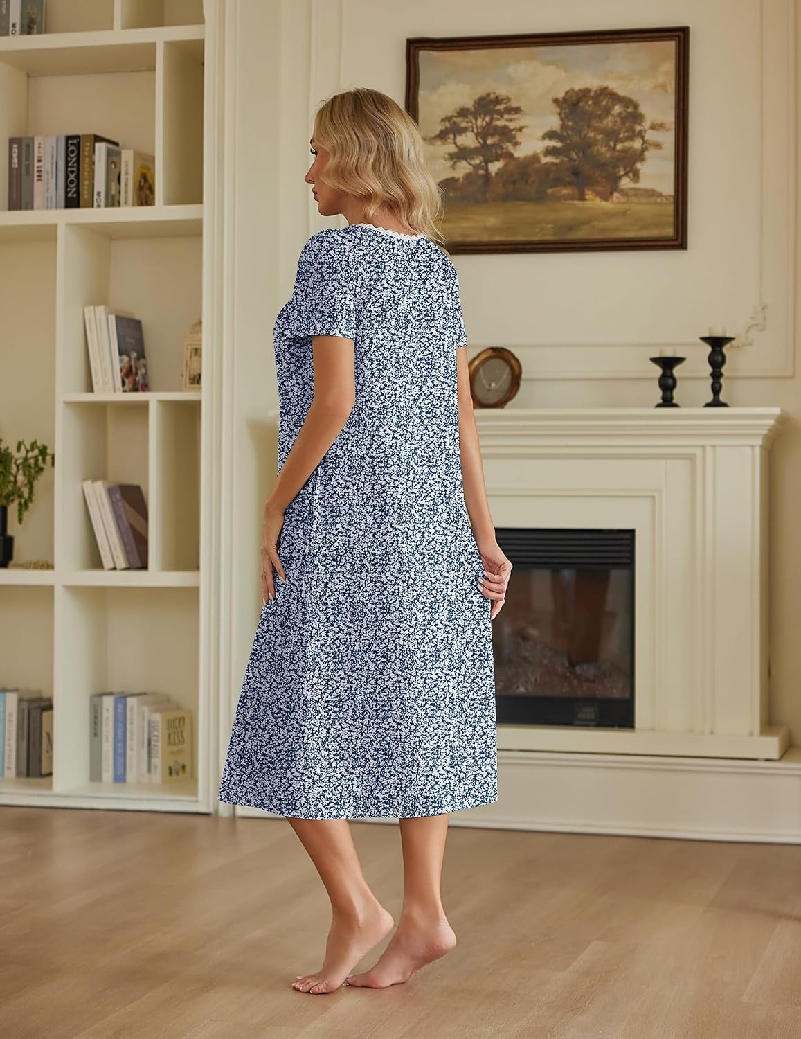 image:imageEkouaer Cotton Long Nightgowns for Women Vintage House Dress with PocketsBlue With White Flowers