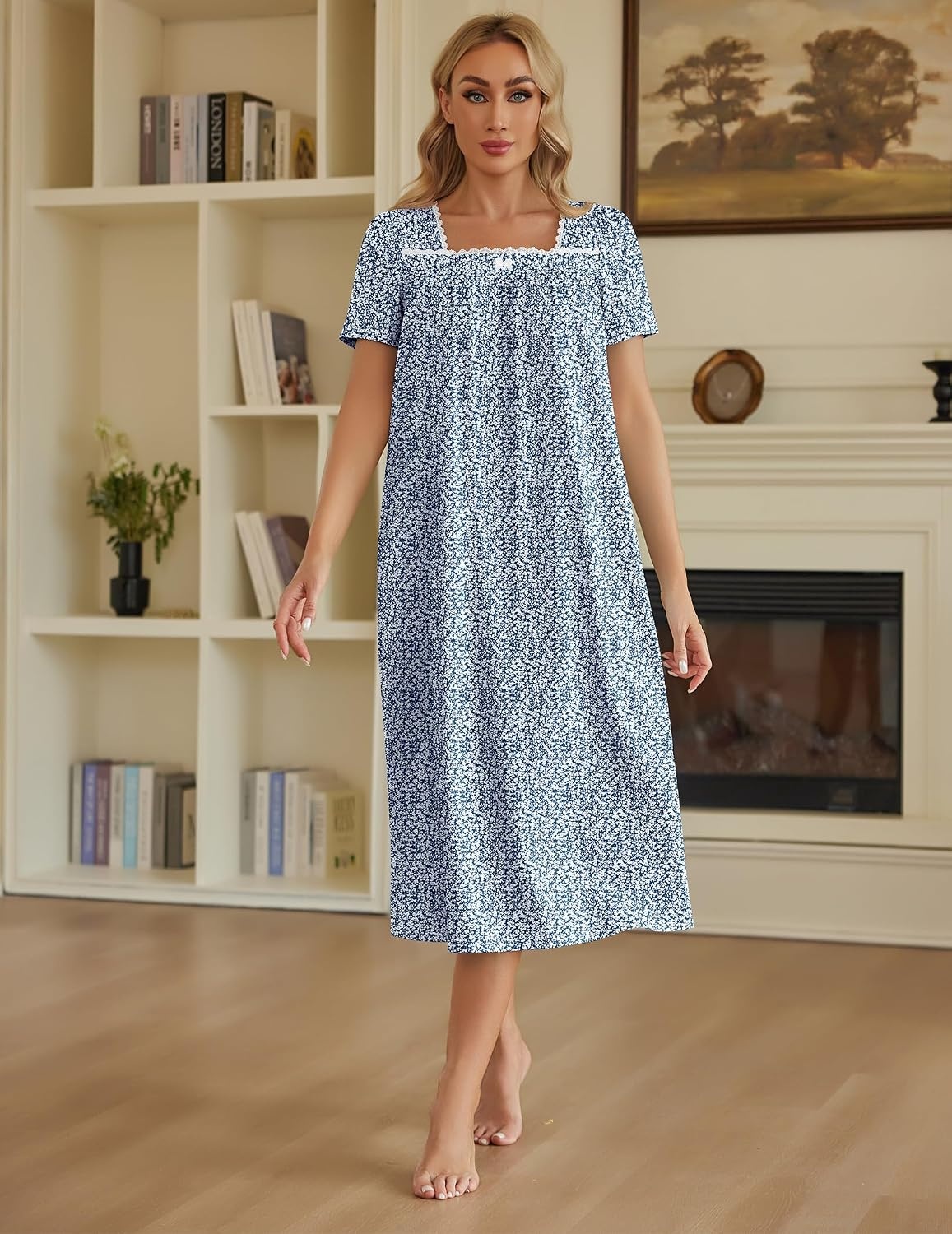 image:imageEkouaer Cotton Long Nightgowns for Women Vintage House Dress with PocketsBlue With White Flowers