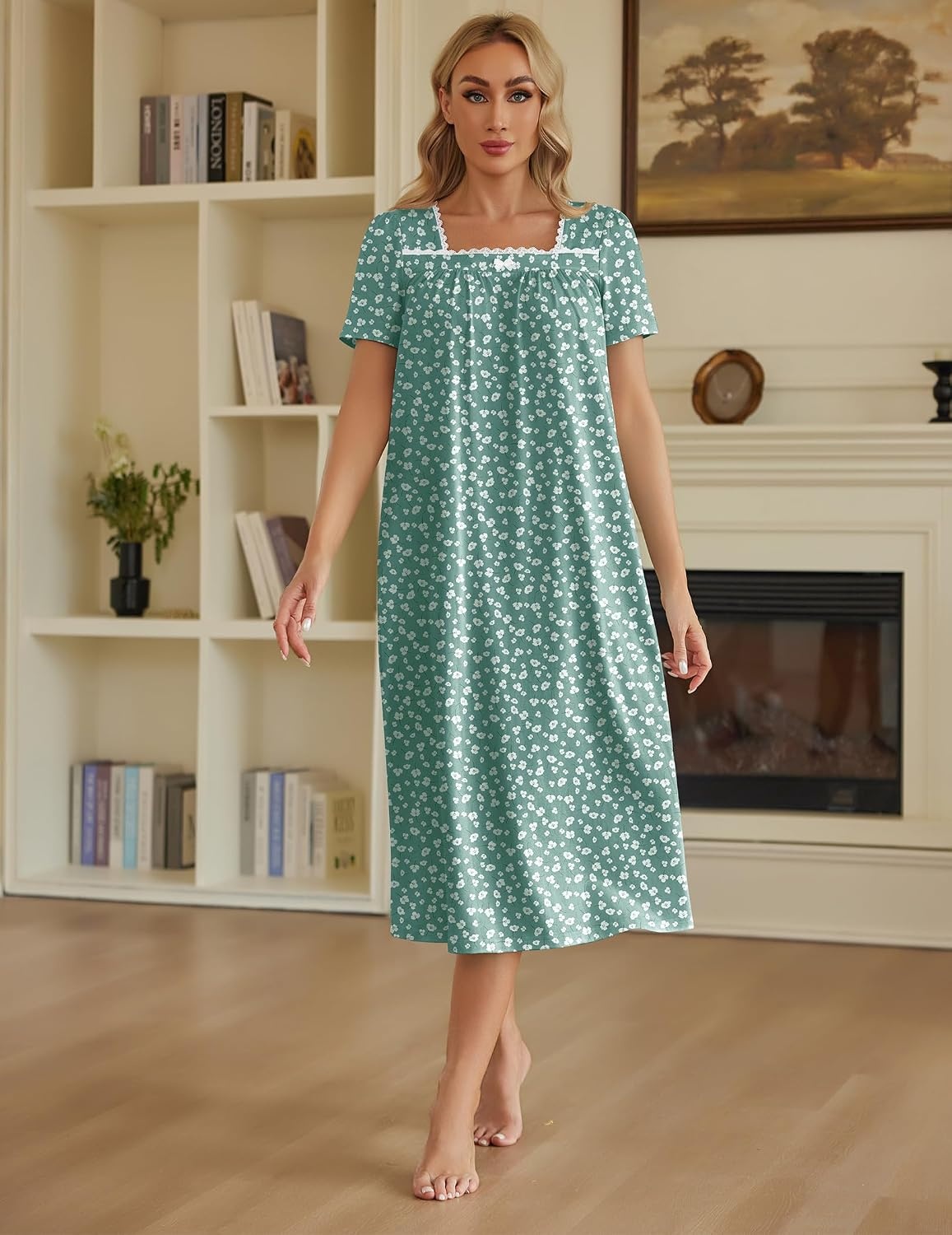 image:imageEkouaer Cotton Long Nightgowns for Women Vintage House Dress with PocketsGreen With White Flowers