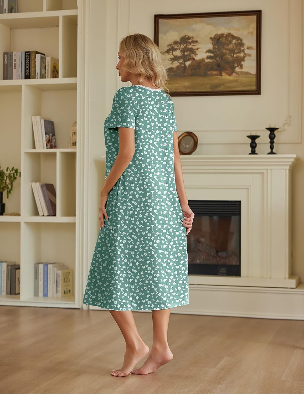 image:imageEkouaer Cotton Long Nightgowns for Women Vintage House Dress with PocketsGreen With White Flowers