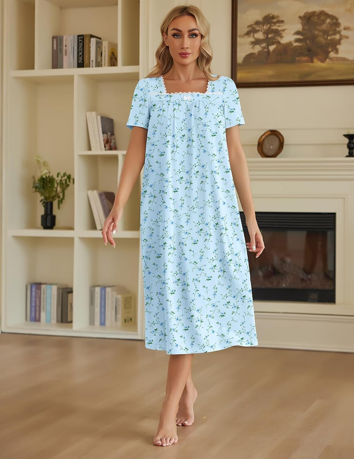 image:imageEkouaer Cotton Long Nightgowns for Women Vintage House Dress with PocketsLight Blue Floral