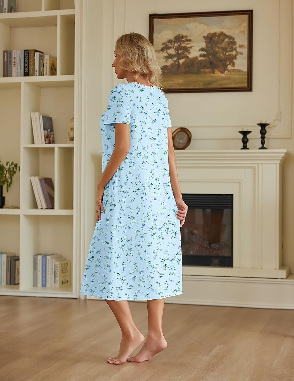 image:imageEkouaer Cotton Long Nightgowns for Women Vintage House Dress with PocketsLight Blue Floral