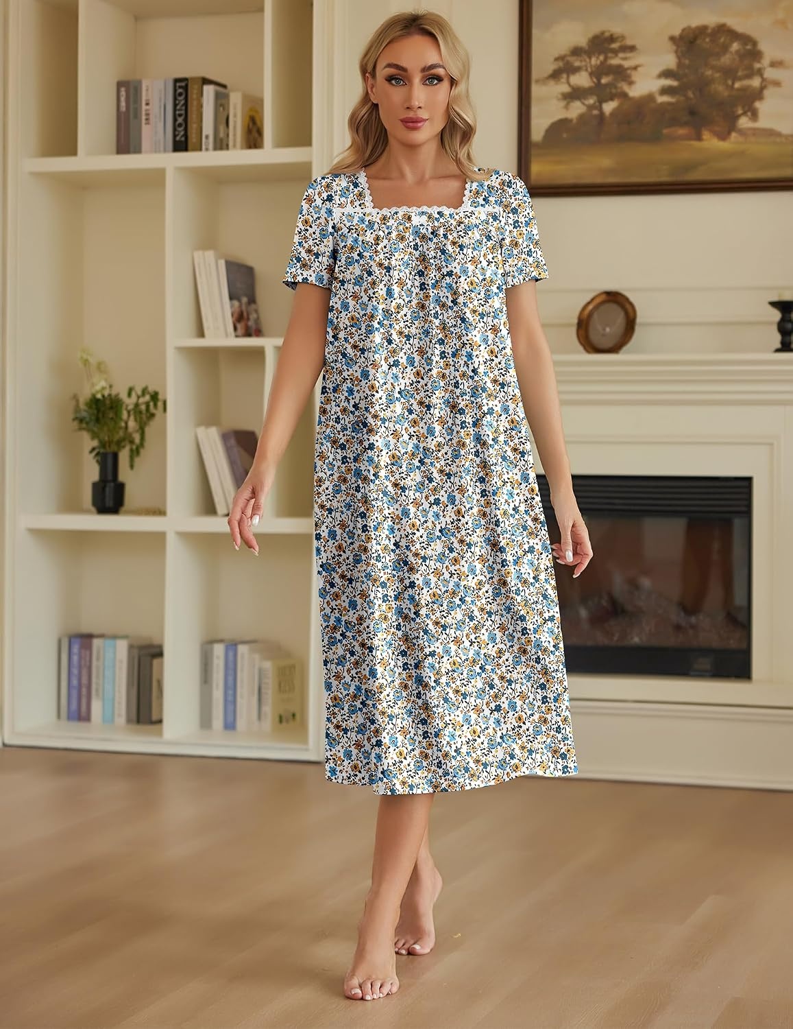 image:imageEkouaer Cotton Long Nightgowns for Women Vintage House Dress with PocketsLittle Flower