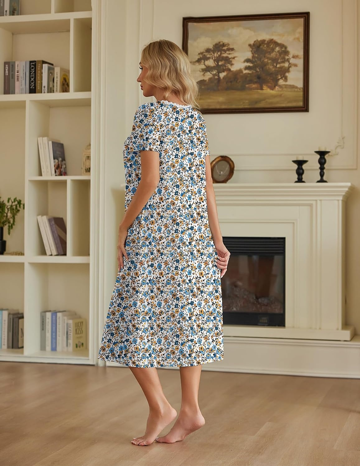 image:imageEkouaer Cotton Long Nightgowns for Women Vintage House Dress with PocketsLittle Flower