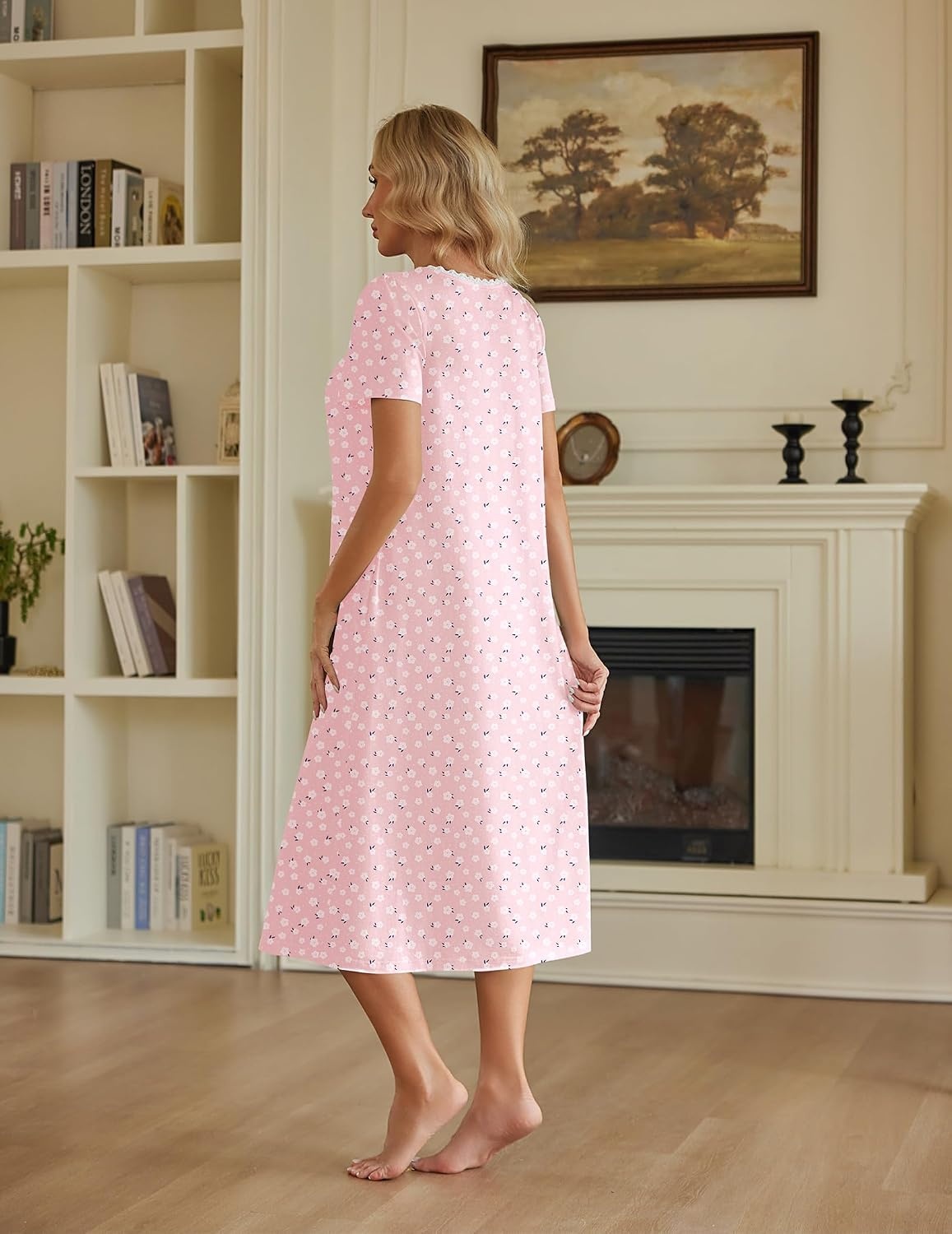 image:imageEkouaer Cotton Long Nightgowns for Women Vintage House Dress with PocketsPink Floral