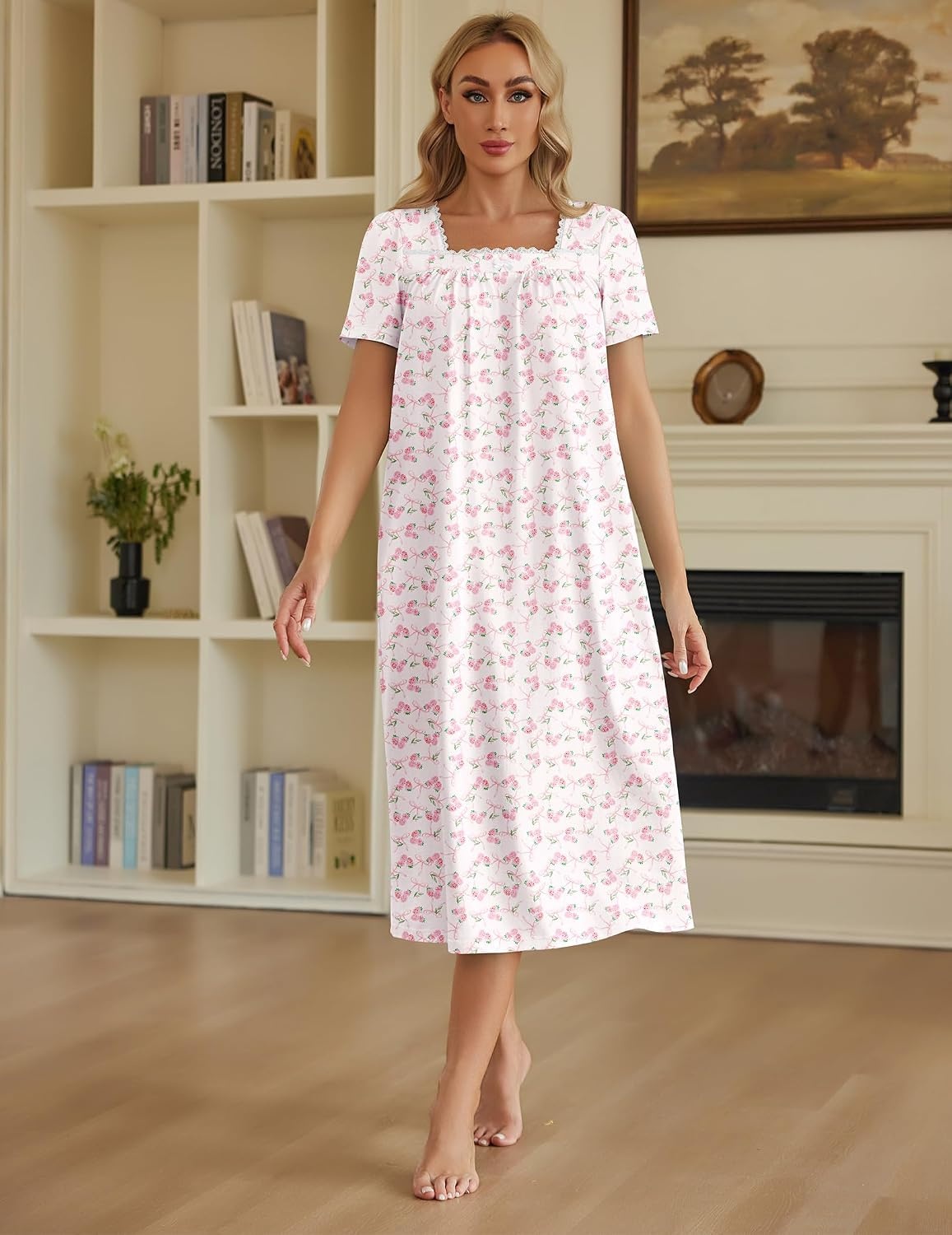 image:imageEkouaer Cotton Long Nightgowns for Women Vintage House Dress with PocketsPink Flower