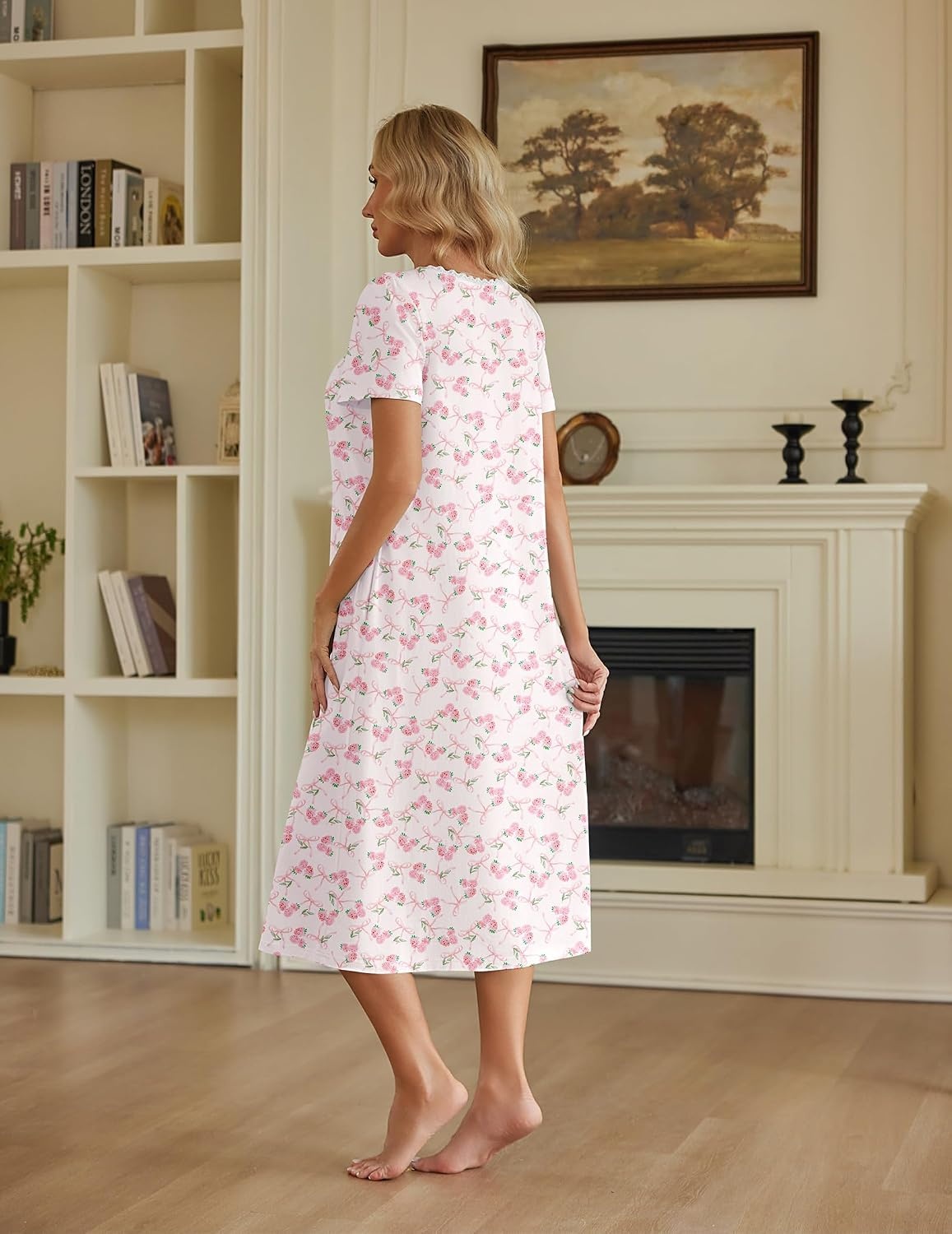 image:imageEkouaer Cotton Long Nightgowns for Women Vintage House Dress with PocketsPink Flower