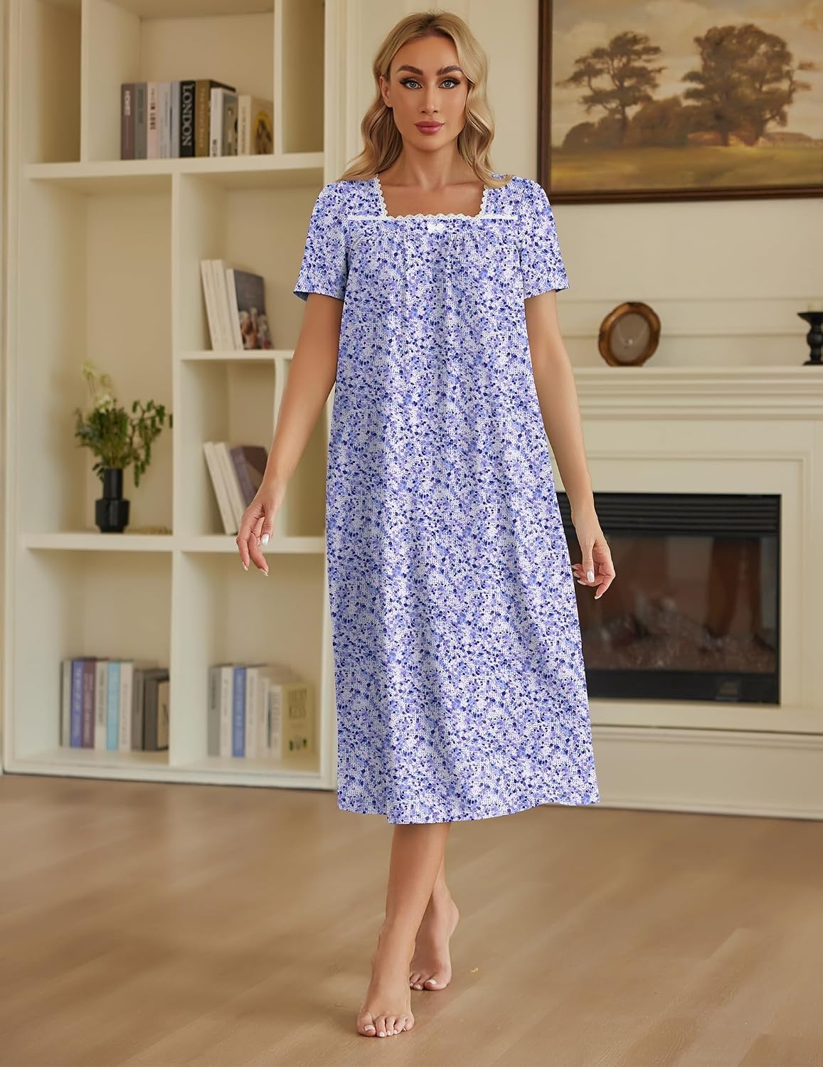 image:imageEkouaer Cotton Long Nightgowns for Women Vintage House Dress with PocketsPurple Speckle