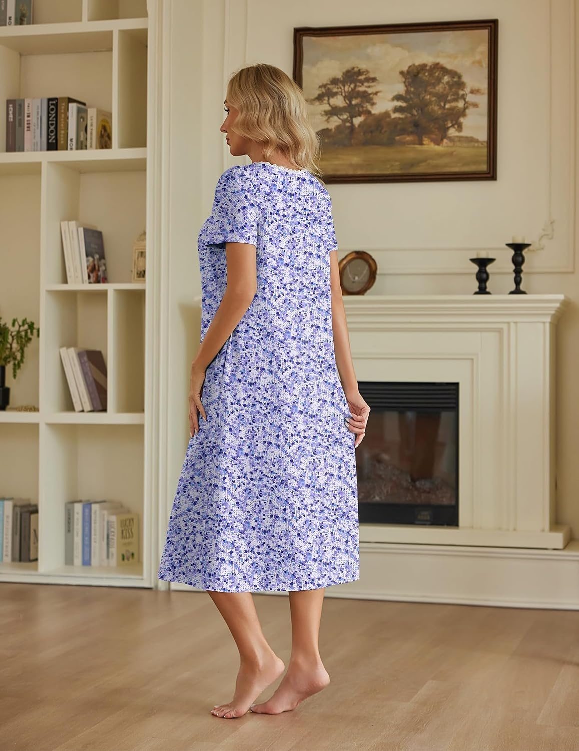 image:imageEkouaer Cotton Long Nightgowns for Women Vintage House Dress with PocketsPurple Speckle