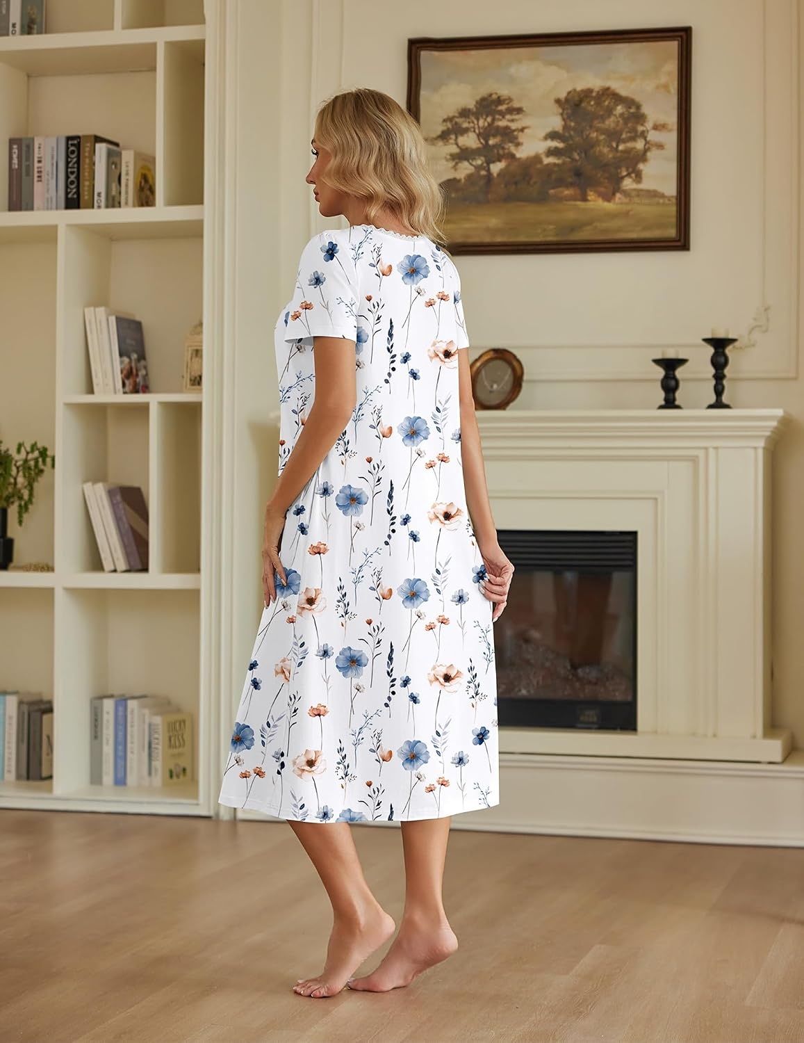 image:imageEkouaer Cotton Long Nightgowns for Women Vintage House Dress with PocketsWhite With Blue Flowers