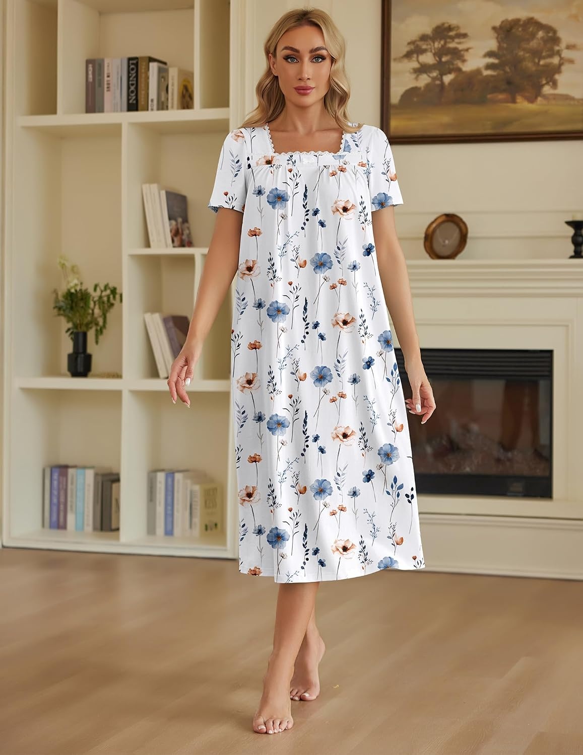 image:imageEkouaer Cotton Long Nightgowns for Women Vintage House Dress with PocketsWhite With Blue Flowers