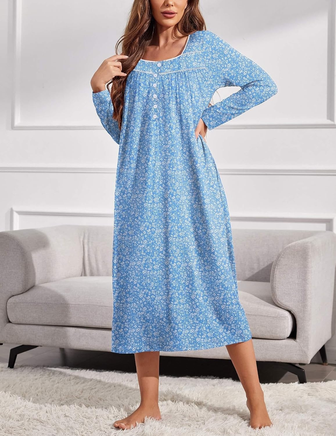 image:imageEkouaer Long Sleeve Nightgowns for Women Sleep Shirt Henley Sleep DressBlue